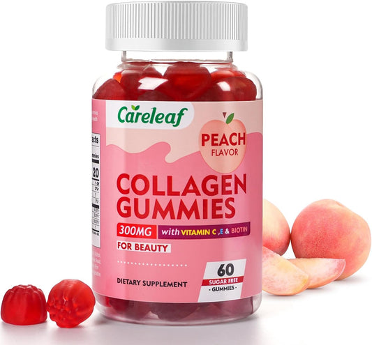 Peach Flavored Sugar-Free Collagen Gummies with Vitamin C & E for Hair, Nails, Bones - 60 Gummies