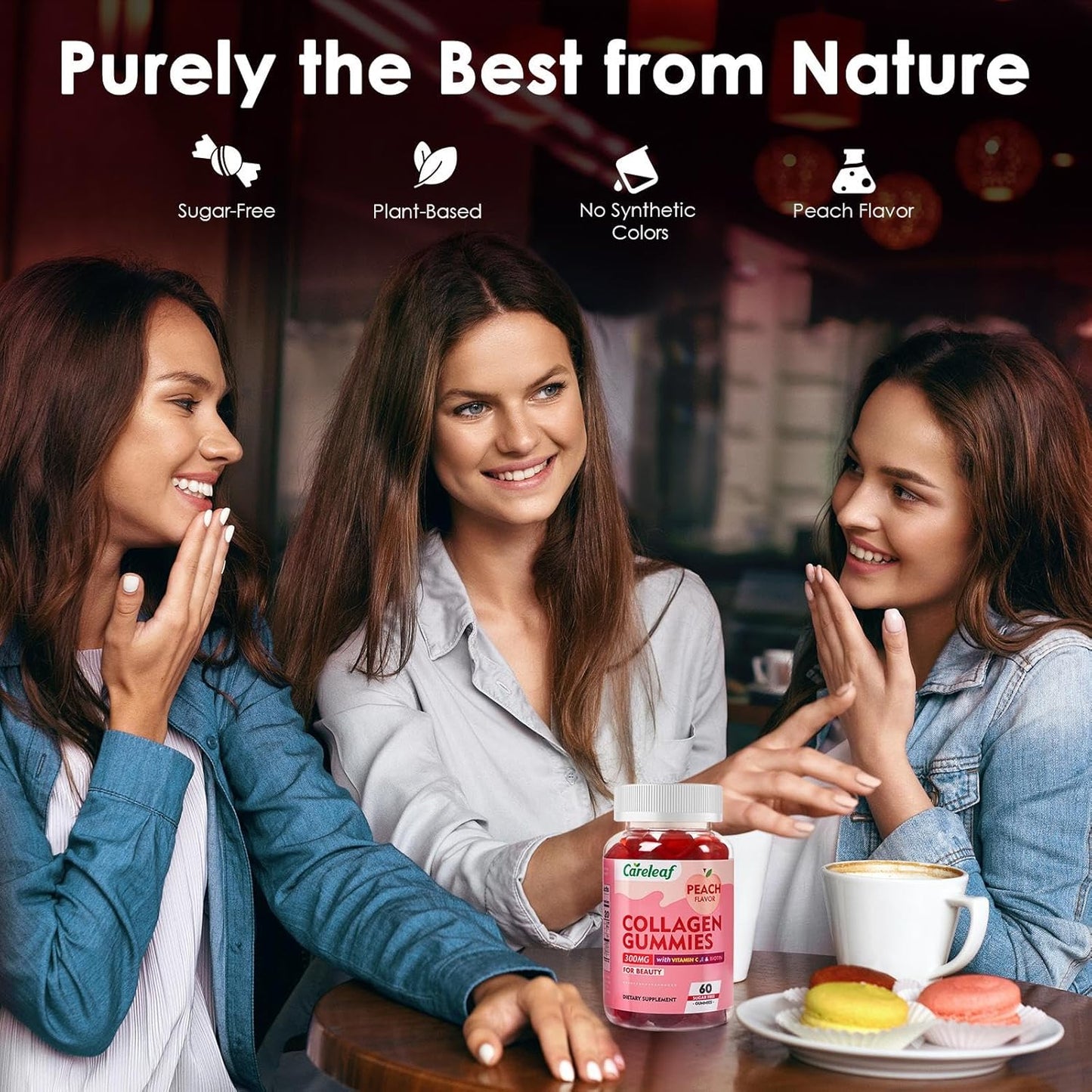 Peach Flavored Sugar-Free Collagen Gummies with Vitamin C & E for Hair, Nails, Bones - 60 Gummies