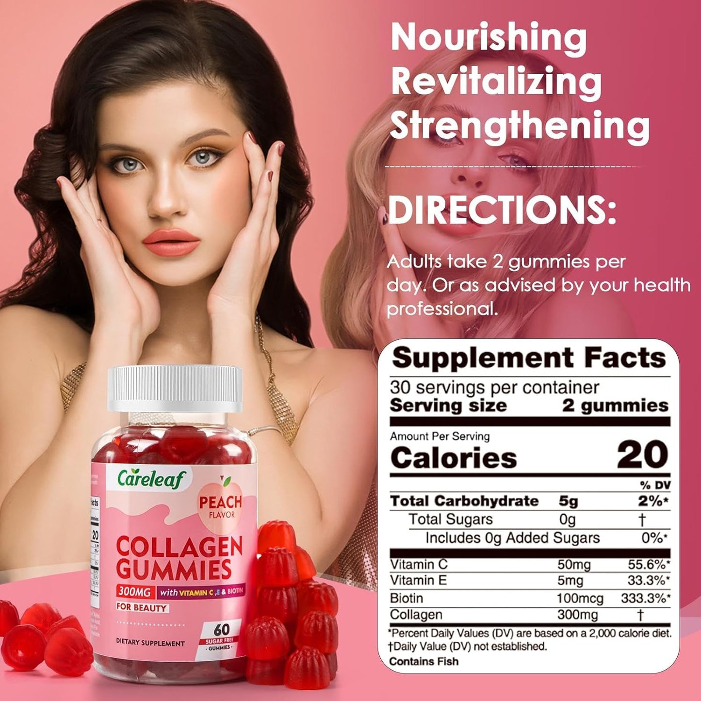 Peach Flavored Sugar-Free Collagen Gummies with Vitamin C & E for Hair, Nails, Bones - 60 Gummies