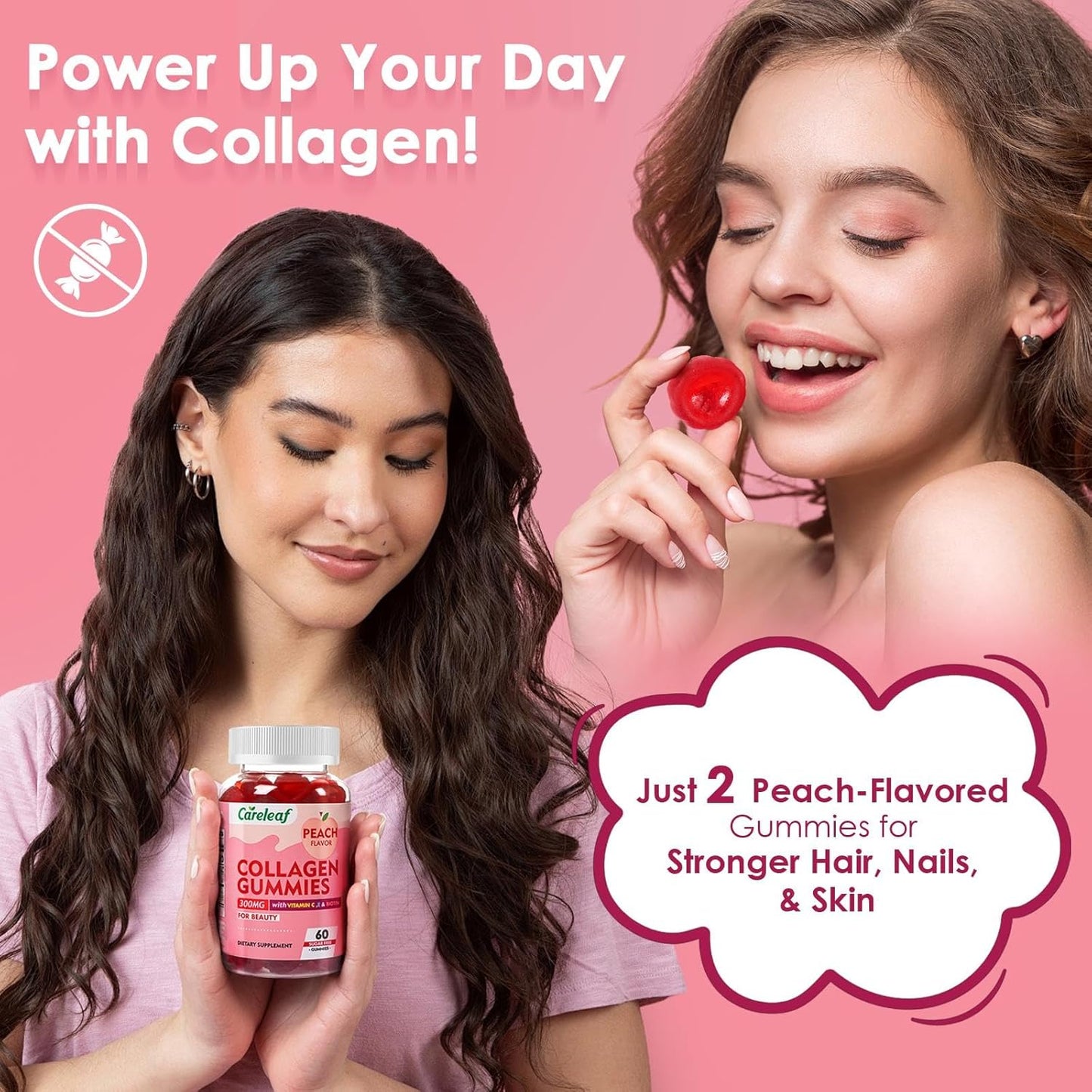 Peach Flavored Sugar-Free Collagen Gummies with Vitamin C & E for Hair, Nails, Bones - 60 Gummies