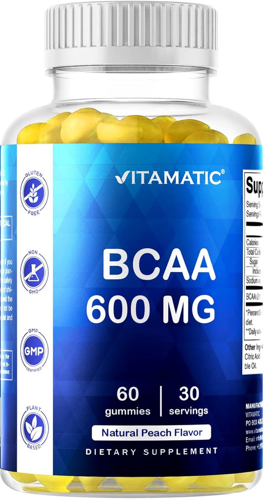 Peach Flavored Vitamatic BCAA Gummies - 600mg per Serving - 60 Vegan Pectin Gummies - Branch Chain Amino Acid Supplement