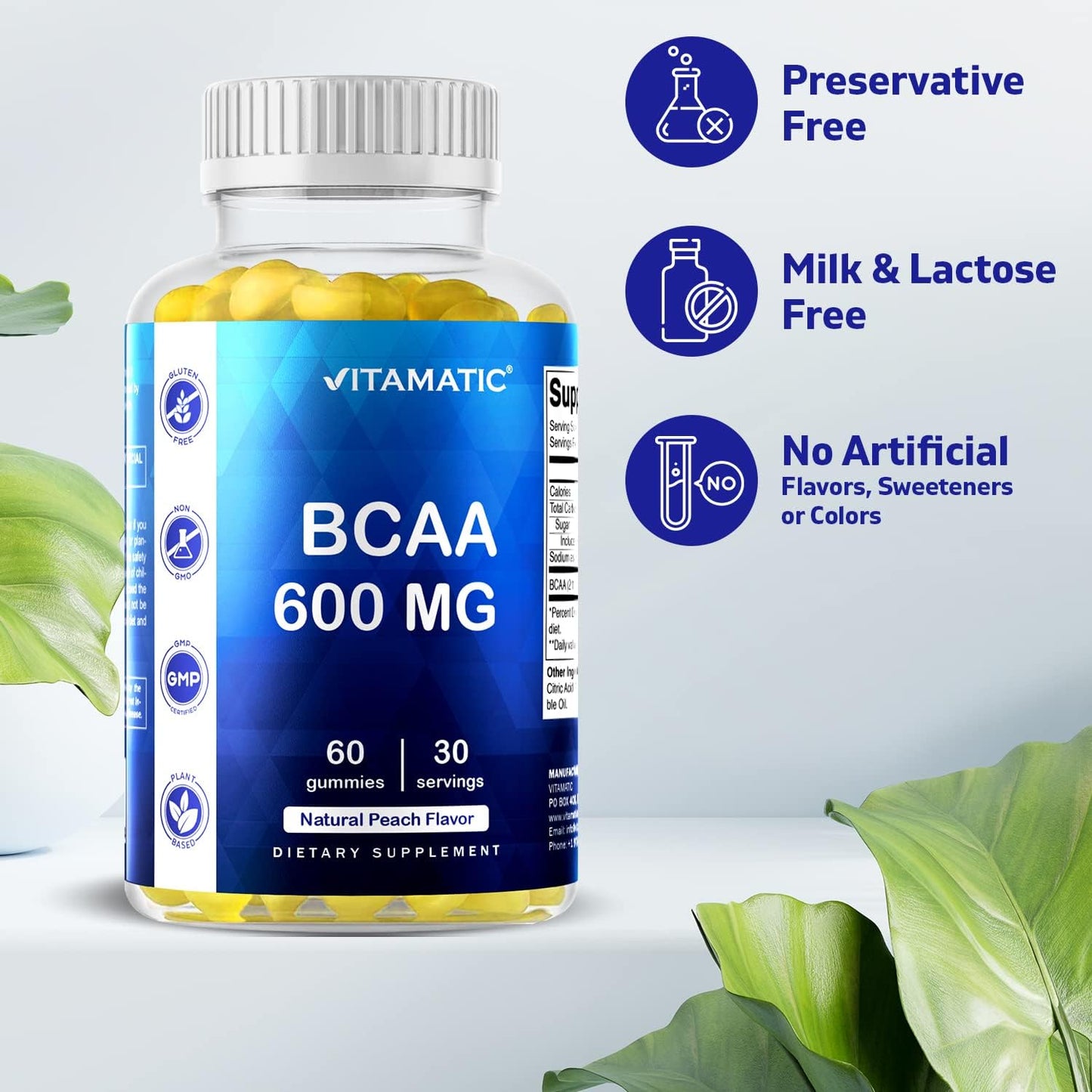 Peach Flavored Vitamatic BCAA Gummies - 600mg per Serving - 60 Vegan Pectin Gummies - Branch Chain Amino Acid Supplement