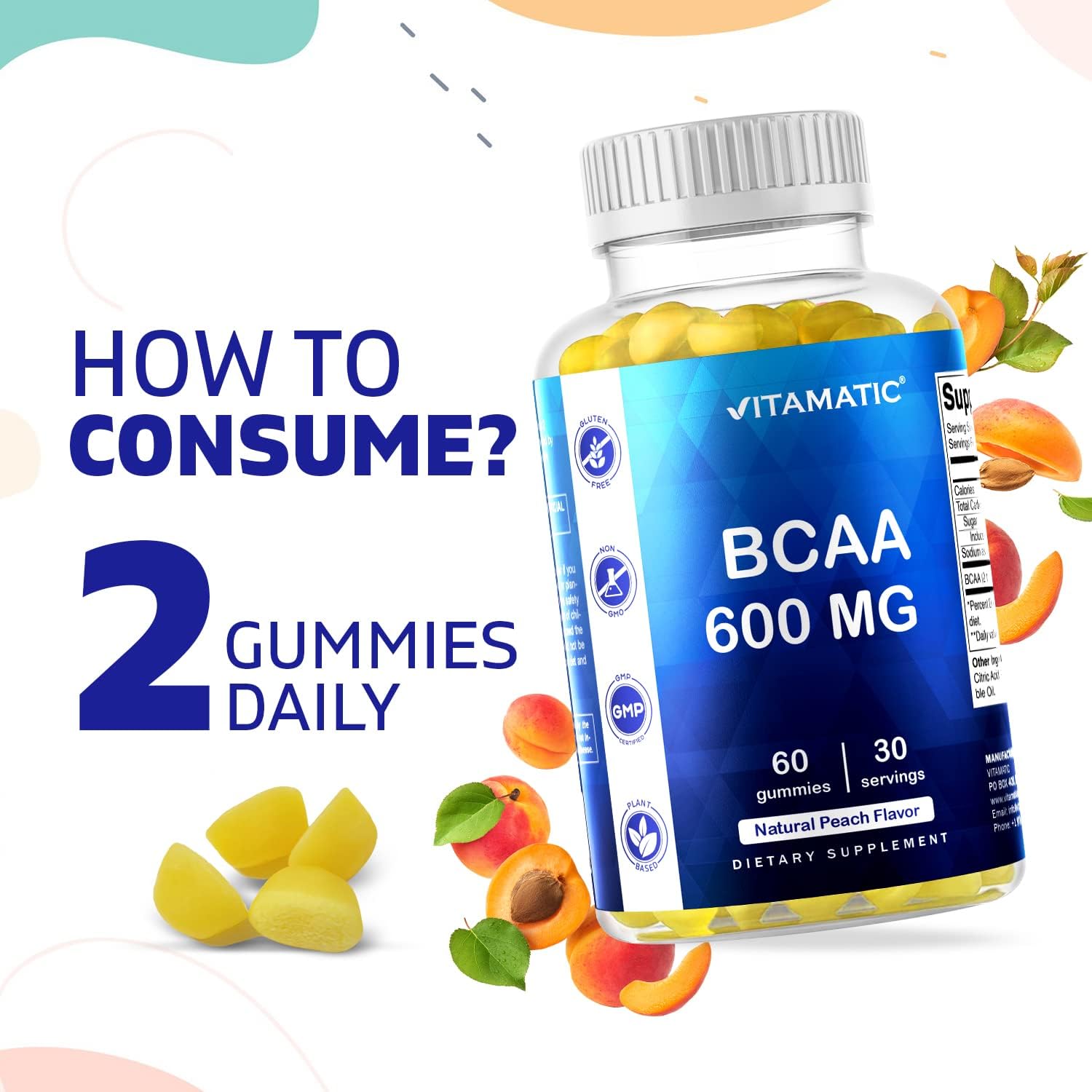 Peach Flavored Vitamatic BCAA Gummies - 600mg per Serving - 60 Vegan Pectin Gummies - Branch Chain Amino Acid Supplement