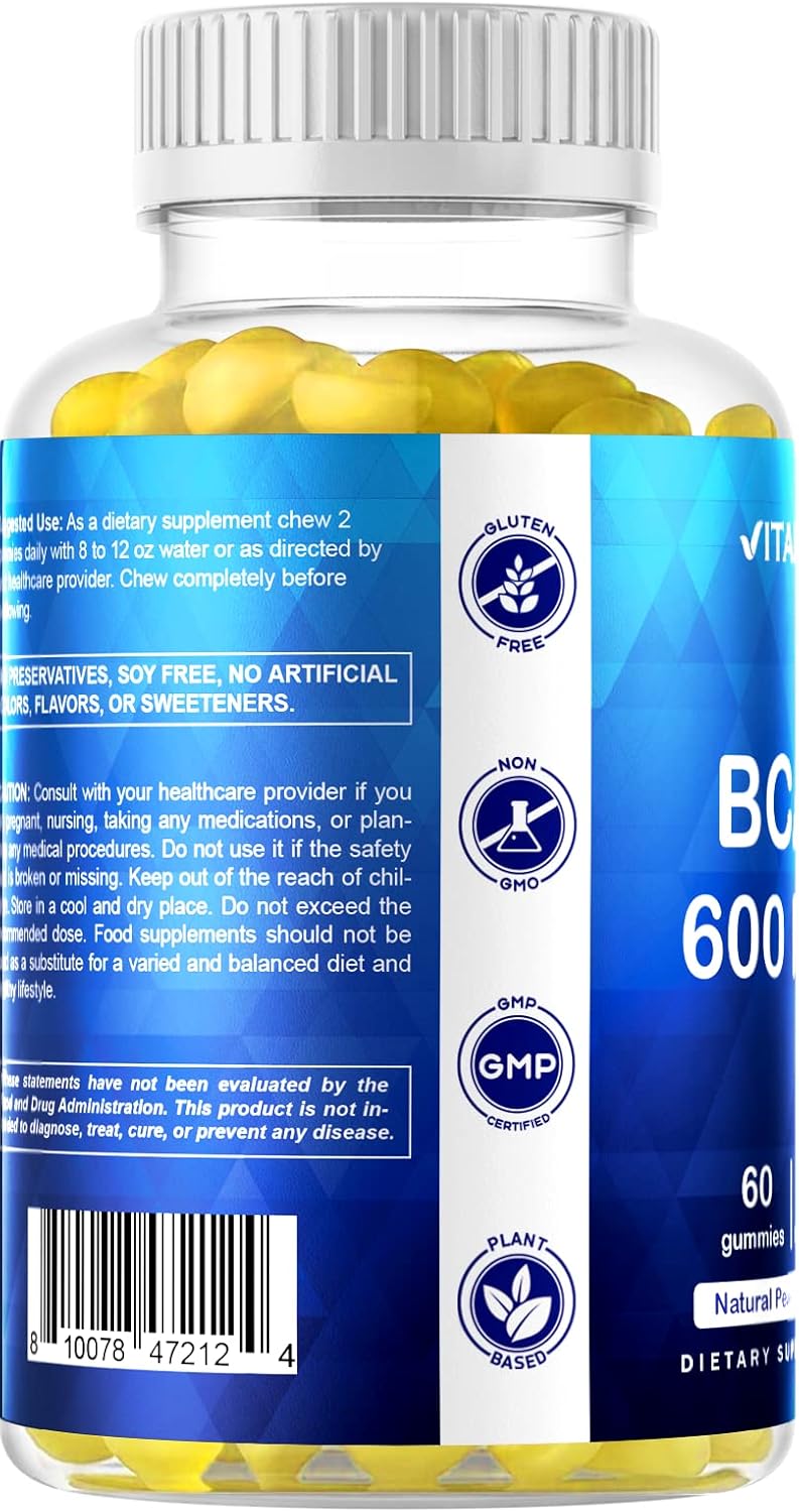 Peach Flavored Vitamatic BCAA Gummies - 600mg per Serving - 60 Vegan Pectin Gummies - Branch Chain Amino Acid Supplement