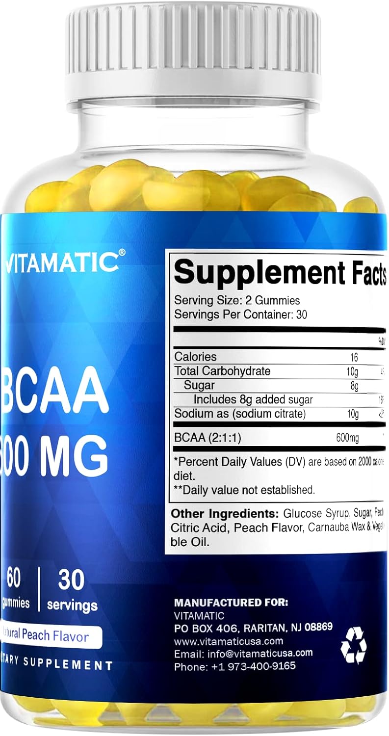 Peach Flavored Vitamatic BCAA Gummies - 600mg per Serving - 60 Vegan Pectin Gummies - Branch Chain Amino Acid Supplement