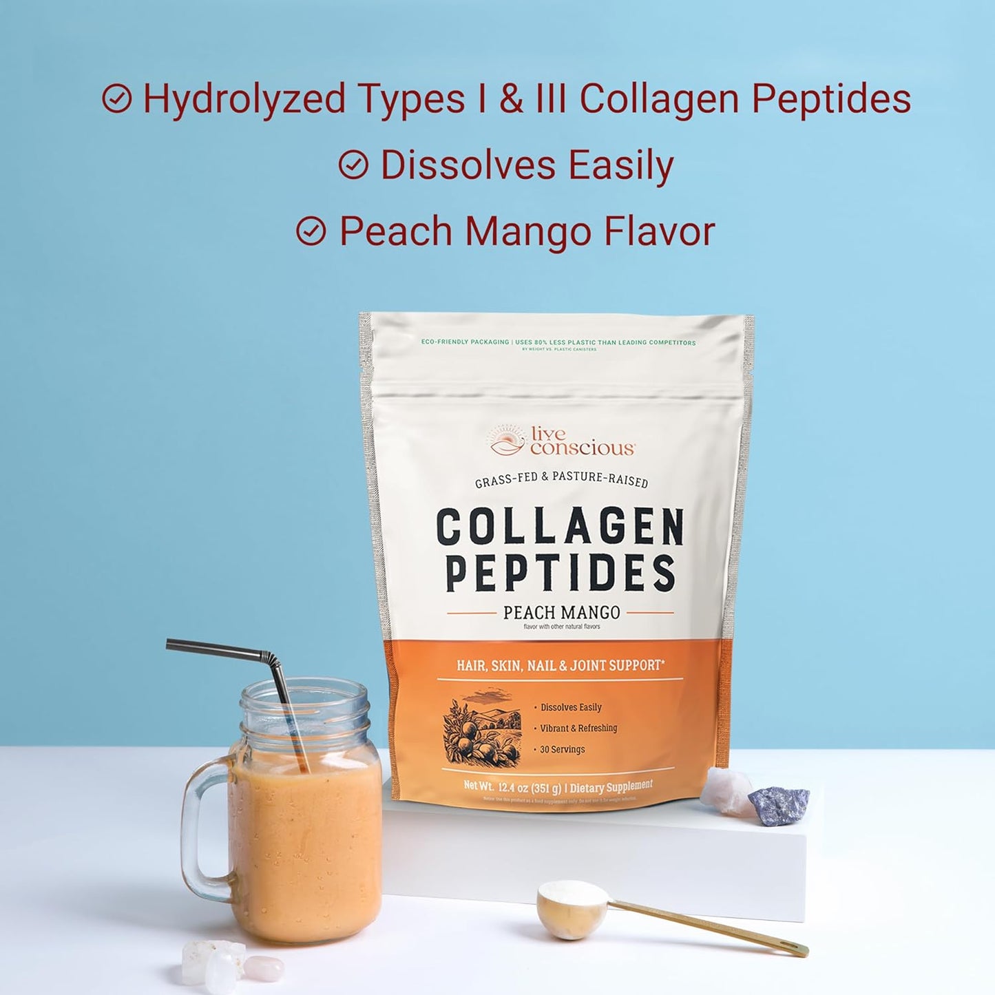 Peach Mango Beyond Greens & Collagen Peptides with Mushroom Coffee Alternative for Hair, Skin, Nails, and Joints
