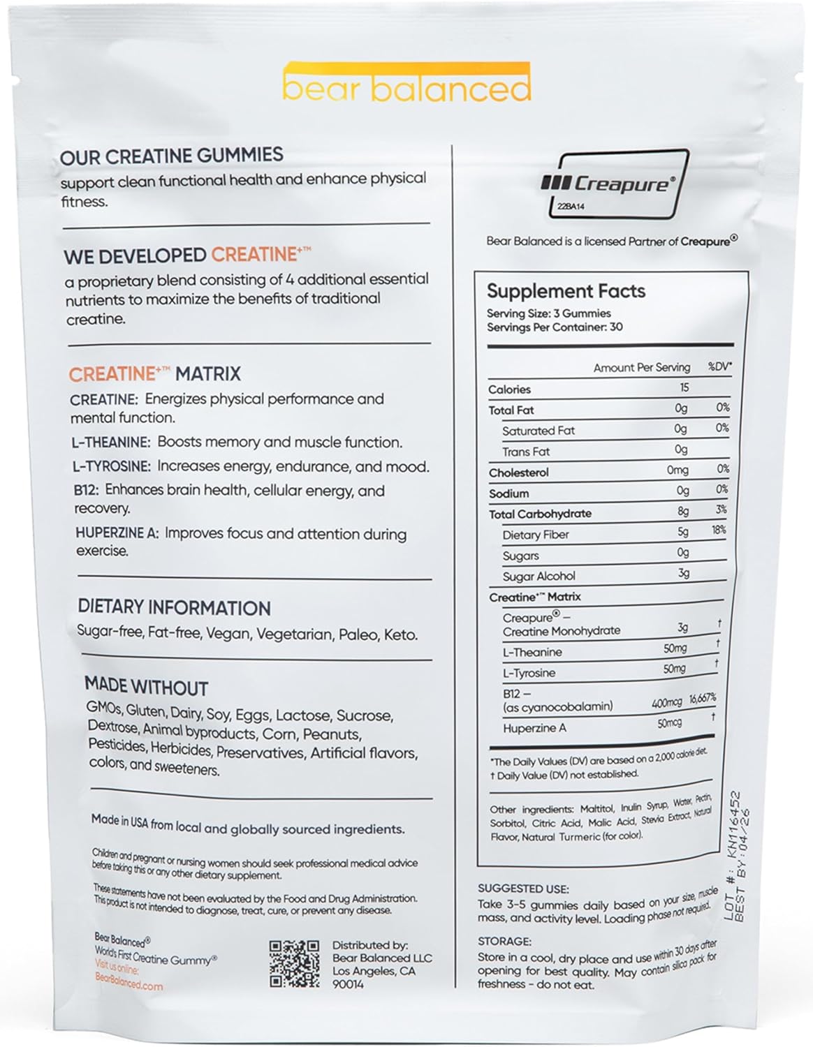 Peach Mango Creatine Gummies with L-Theanine, L-Tyrosine & B12 for Muscle Growth - Men & Women, 1 Pack