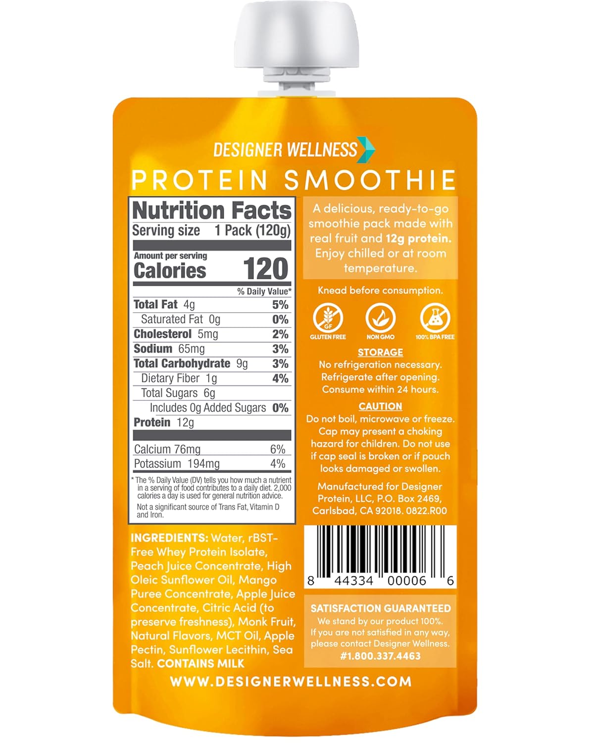 Peach Mango Designer Wellness Protein Smoothie - 12g Protein, Low Carb, Gluten-Free - 12 Pack