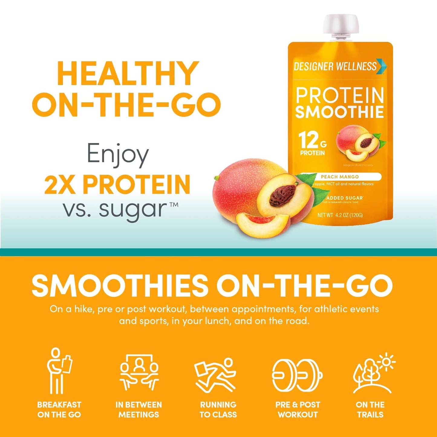 Peach Mango Designer Wellness Protein Smoothie - 12g Protein, Low Carb, Gluten-Free - 12 Pack