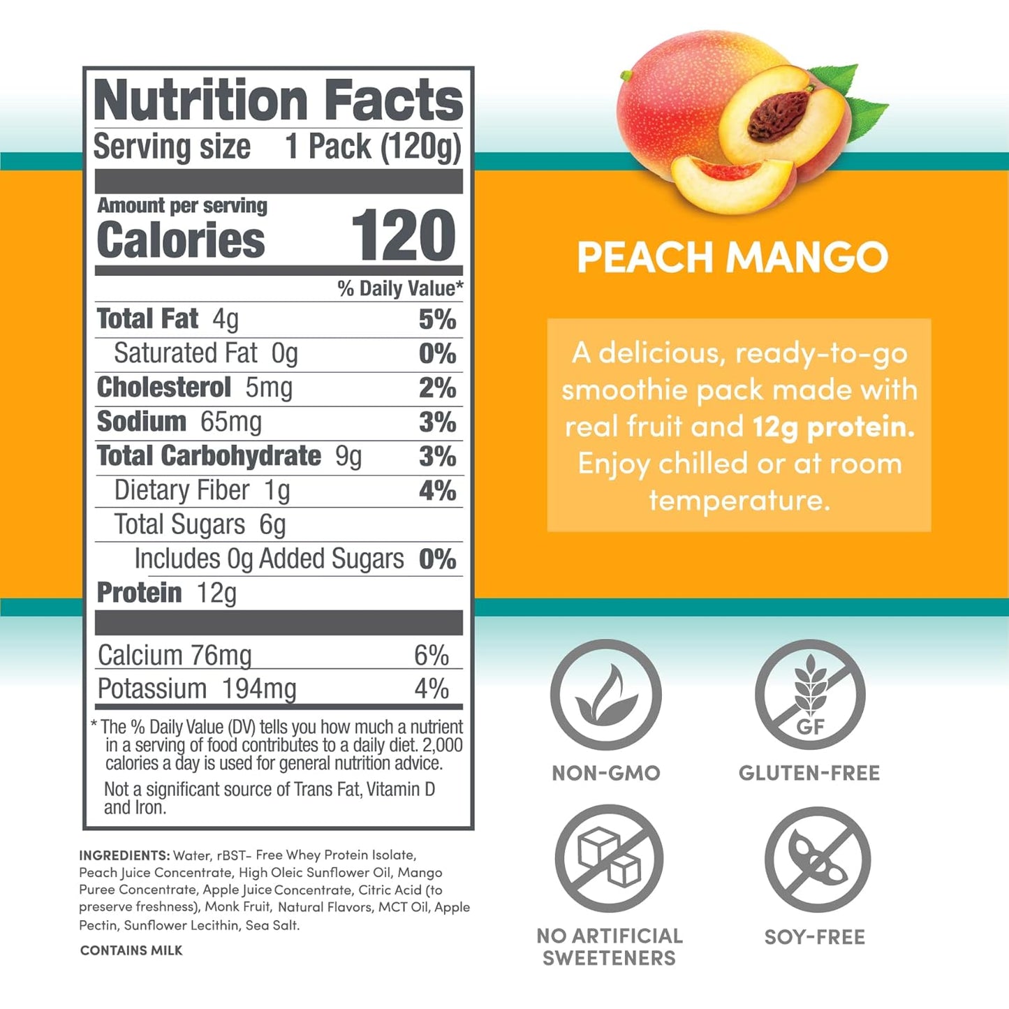 Peach Mango Designer Wellness Protein Smoothie - 12g Protein, Low Carb, Gluten-Free - 12 Pack