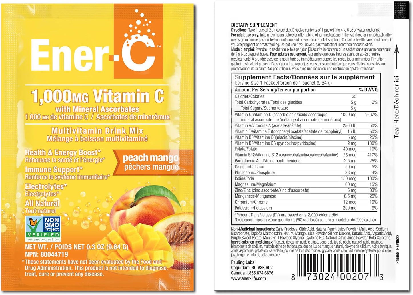 Peach Mango Ener-C Multivitamin Drink Mix Powder - 1000mg Vitamin C & Electrolytes - Natural Energy & Immune Support - Non-GMO Vegan & Gluten Free - 30 Packets