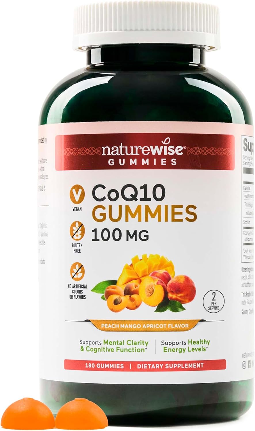 Peach Mango Flavored NatureWise CoQ10 Gummies - 100mg Heart Health Supplement - 180 Count Vegan Pectin-Based Antioxidant Gummies