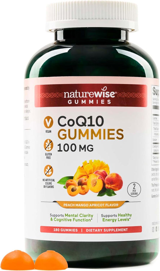 Peach Mango Flavored NatureWise CoQ10 Gummies - 100mg Heart Health Supplement - 180 Count Vegan Pectin-Based Antioxidant Gummies