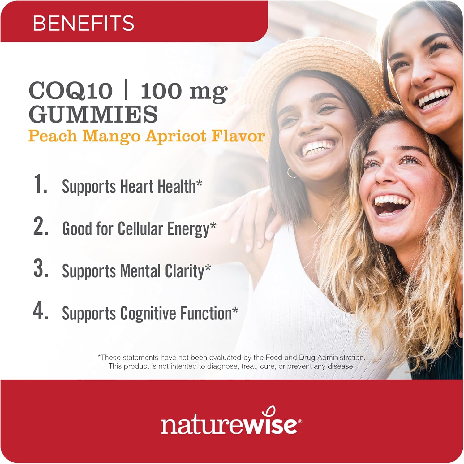 Peach Mango Flavored NatureWise CoQ10 Gummies - 100mg Heart Health Supplement - 180 Count Vegan Pectin-Based Antioxidant Gummies