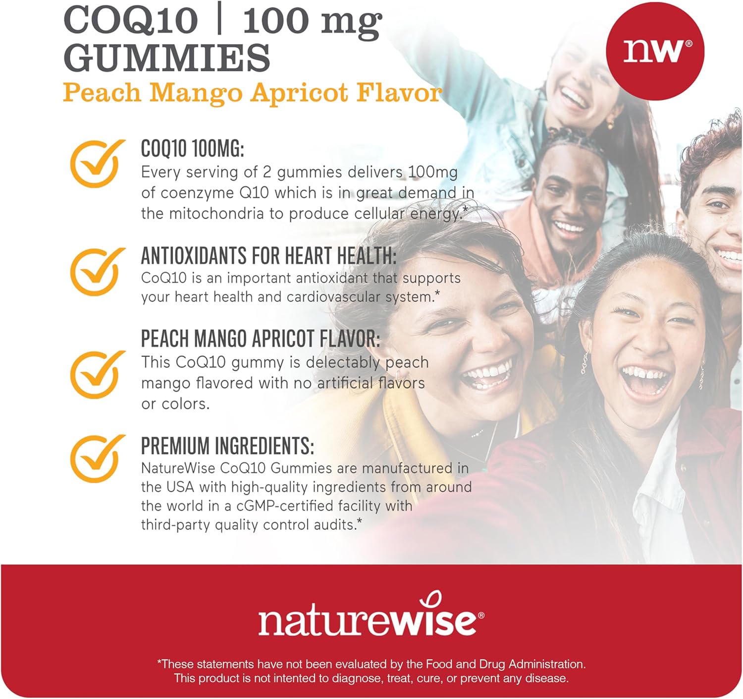 Peach Mango Flavored NatureWise CoQ10 Gummies - 100mg Heart Health Supplement - 180 Count Vegan Pectin-Based Antioxidant Gummies