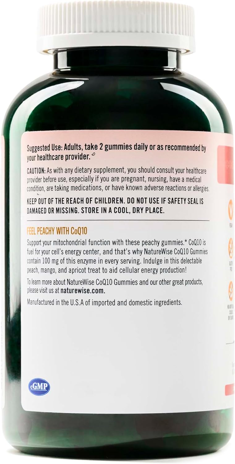 Peach Mango Flavored NatureWise CoQ10 Gummies - 100mg Heart Health Supplement - 180 Count Vegan Pectin-Based Antioxidant Gummies