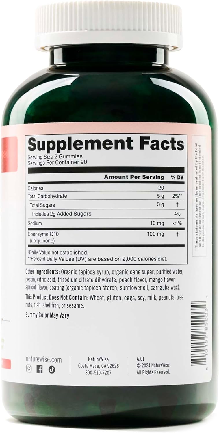 Peach Mango Flavored NatureWise CoQ10 Gummies - 100mg Heart Health Supplement - 180 Count Vegan Pectin-Based Antioxidant Gummies