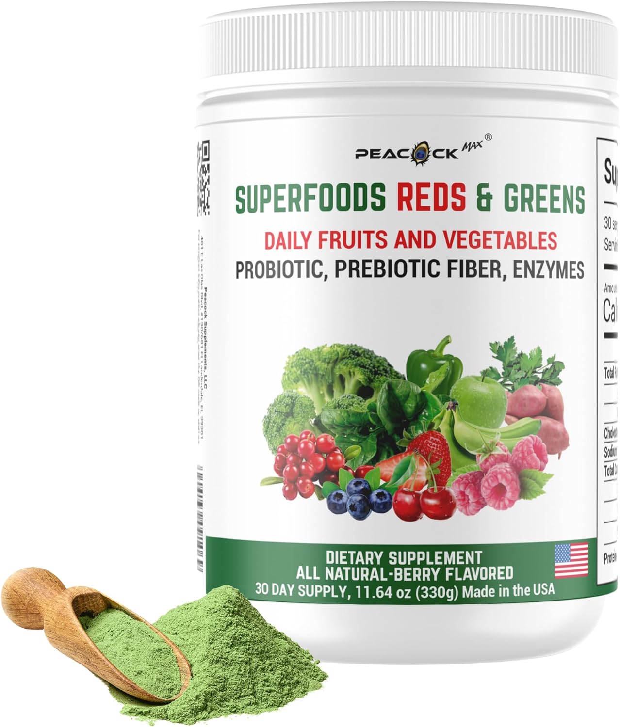 Peacock Max Superfood Reds & Greens Powder - 11.64 oz, Prebiotics & Probiotics for Digestive Health, Vegan, Non-GMO, Super Greens Powder with Ashwagandha for Gut Health, Immunity Boost, Antioxidants
