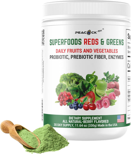 Peacock Max Superfood Reds & Greens Powder - 11.64 oz, Prebiotics & Probiotics for Digestive Health, Vegan, Non-GMO, Super Greens Powder with Ashwagandha for Gut Health, Immunity Boost, Antioxidants