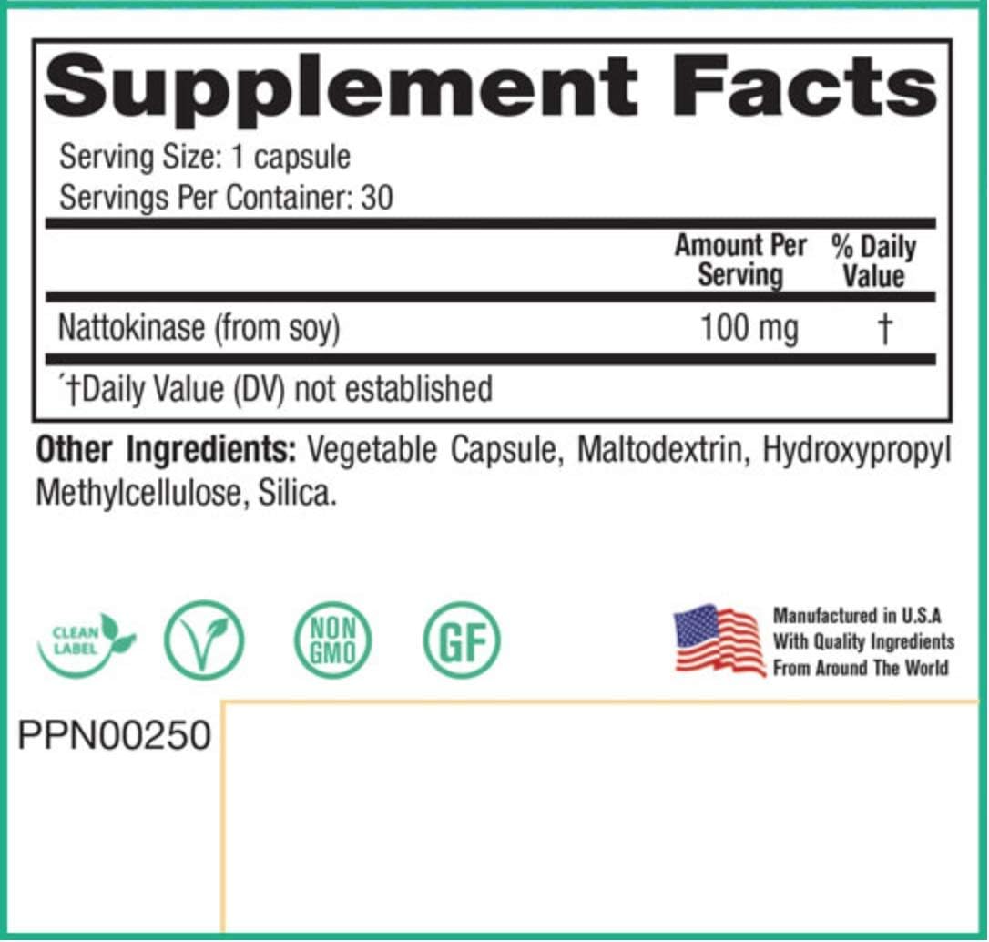 Peak Pure & Natural Nattokinase Supplement for Healthy Blood Circulation - 100mg, 30 Capsules for Adults