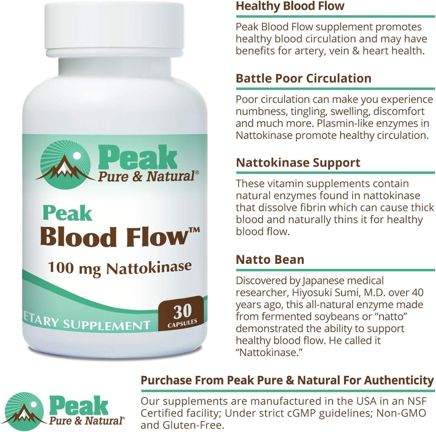 Peak Pure & Natural Nattokinase Supplement for Healthy Blood Circulation - 100mg, 30 Capsules for Adults