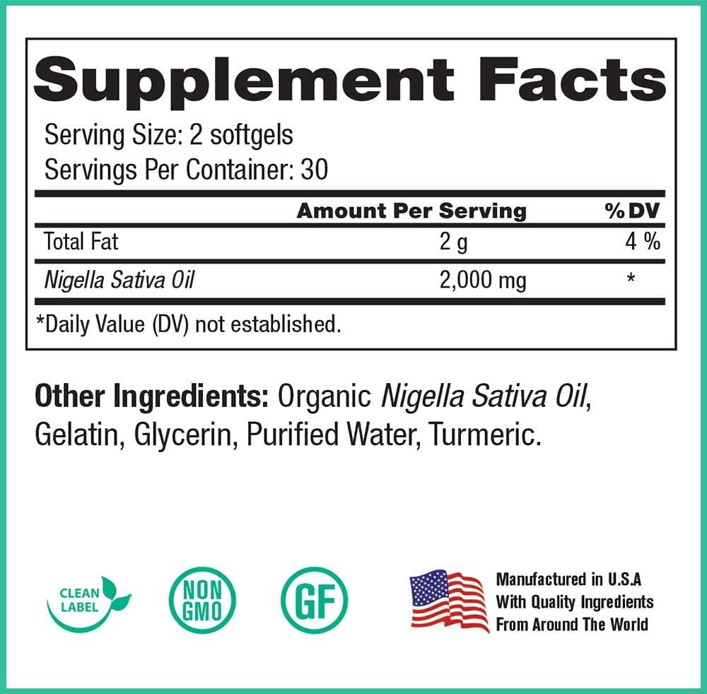 Peak Pure & Natural Organic Black Seed Oil Supplement - Cold Pressed Golden Oil for Digestive Health, Skin Nutrition, Joint Comfort - 60 Capsules