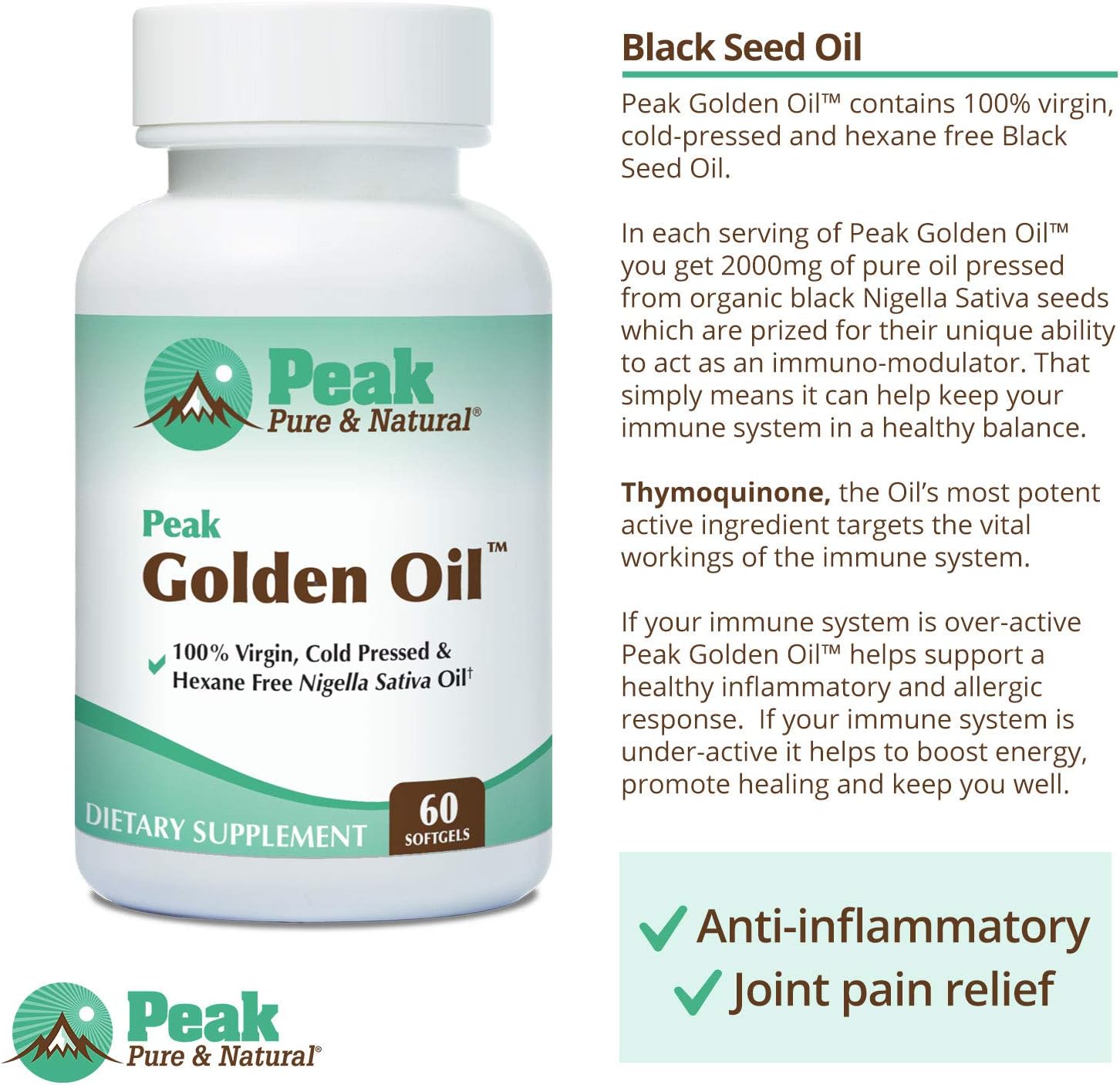 Peak Pure & Natural Organic Black Seed Oil Supplement - Cold Pressed Golden Oil for Digestive Health, Skin Nutrition, Joint Comfort - 60 Capsules