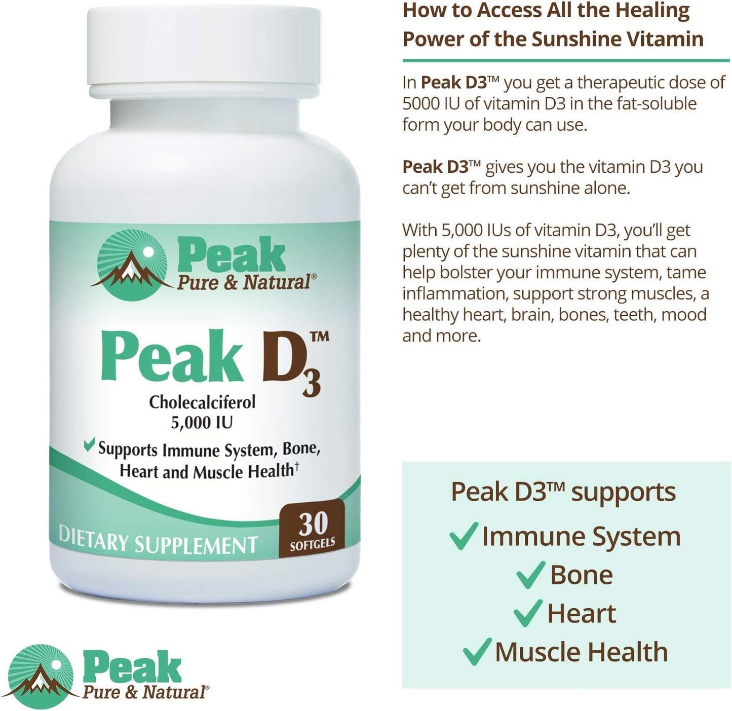 Peak Pure & Natural Peak D3 - 5,000 IU Vitamin D3 Capsules for Immune & Heart Health - Energy Boost - 30 Count