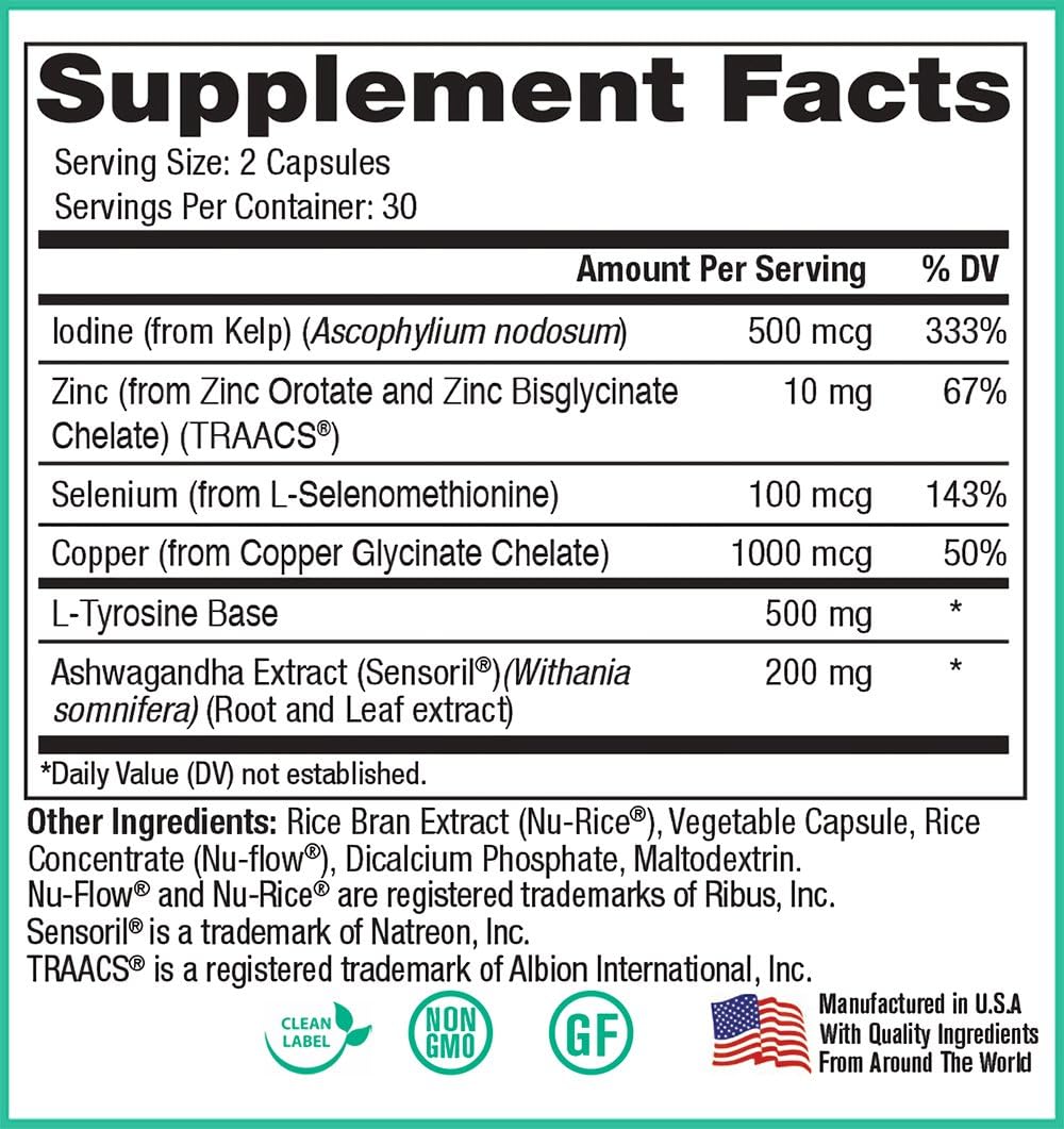 Peak Pure & Natural Thyroid Support Supplement - Metabolism Booster for Weight Maintenance - Iodine Capsules for Underactive Thyroid - 60 Count