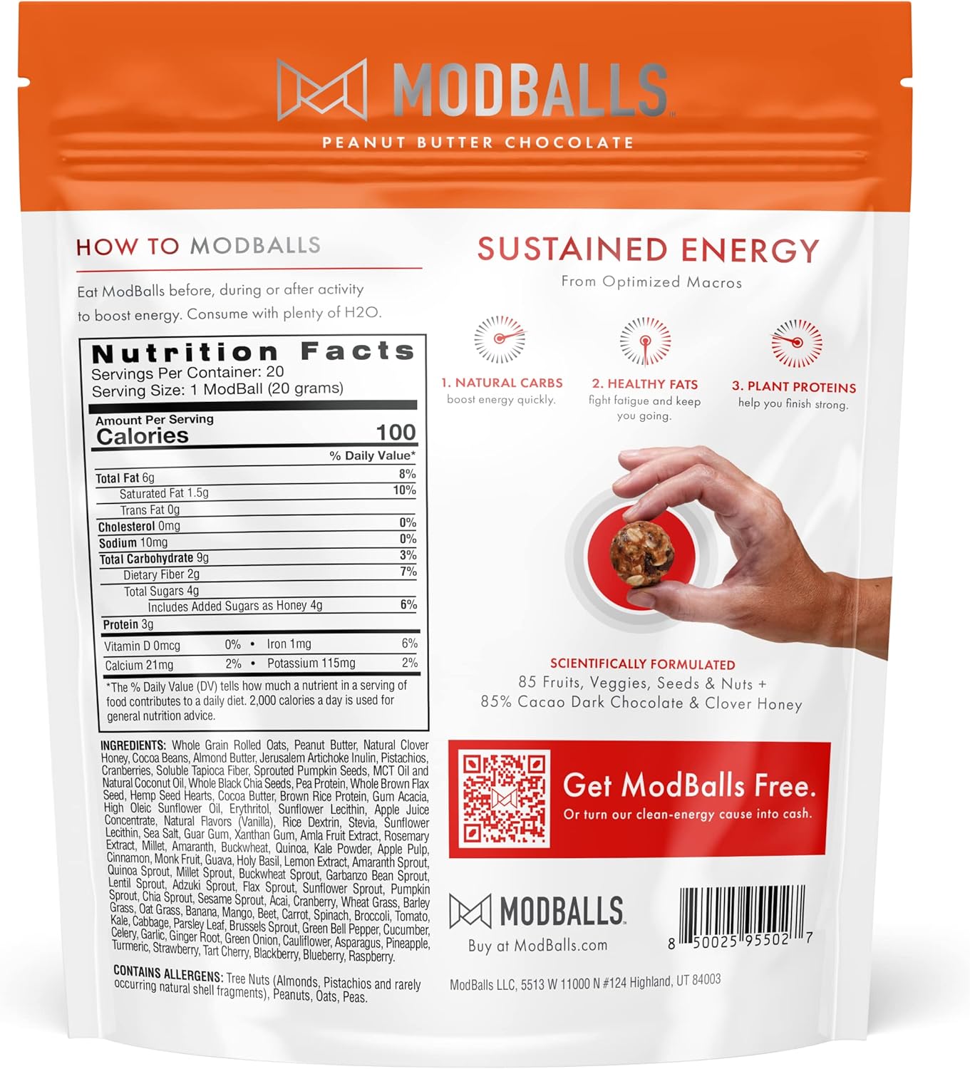 Peanut Butter Chocolate Clean Energy Bites - M MODBALLS Hardcore Healthy Bites, 20 Servings, Pure Fuel Not Stimulants