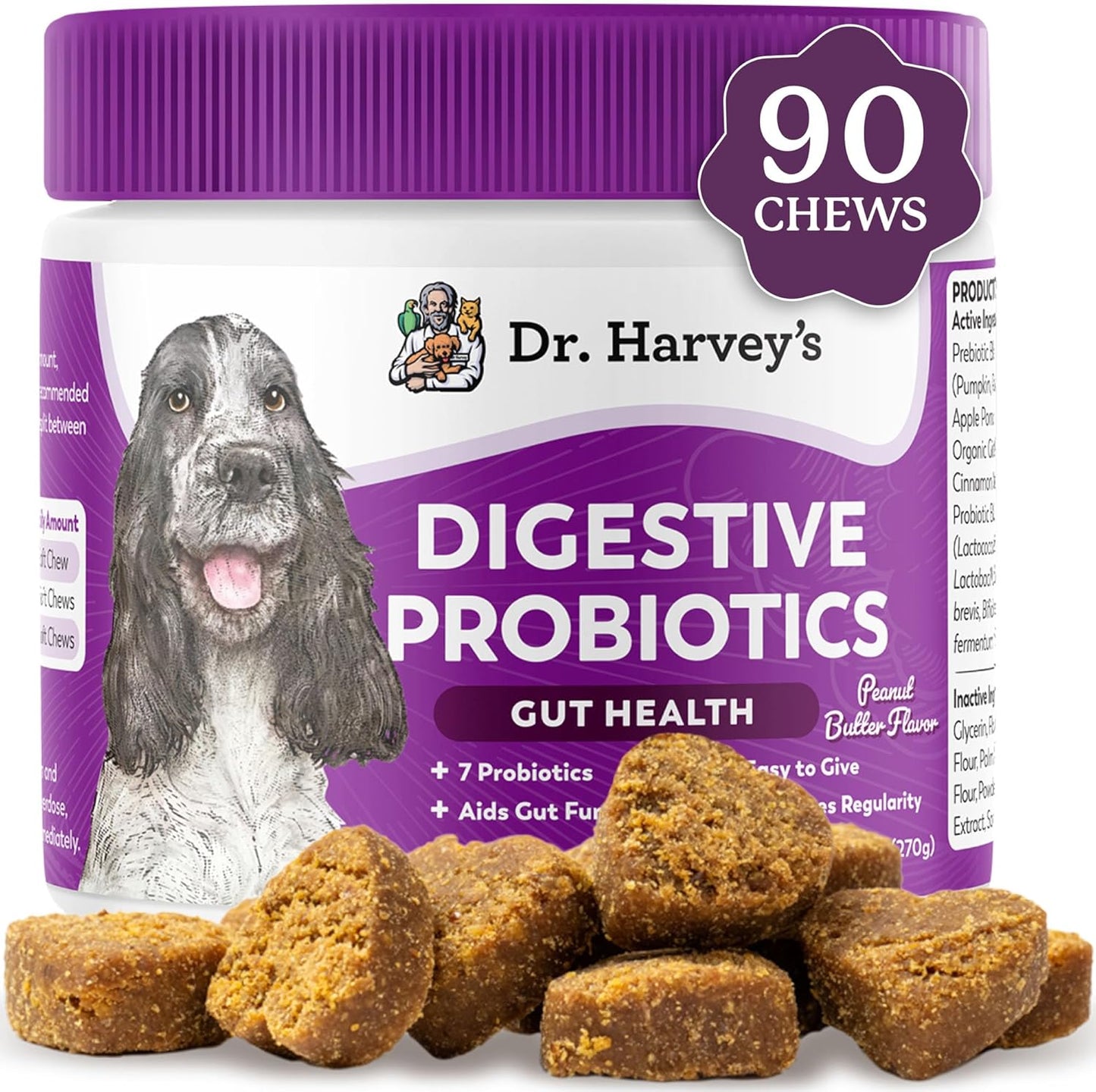 Peanut Butter Flavored Dog Probiotic Soft Chews with 7 Probiotics for Digestive Health and Bowel Support - 90 Chews