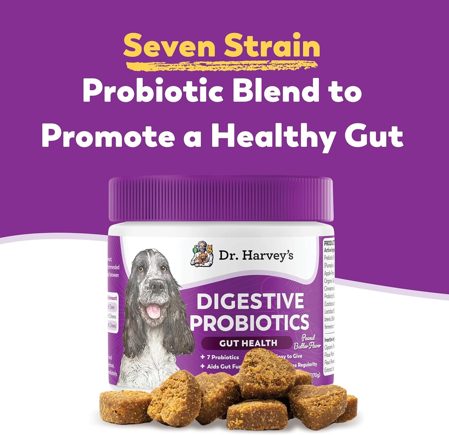 Peanut Butter Flavored Dog Probiotic Soft Chews with 7 Probiotics for Digestive Health and Bowel Support - 90 Chews
