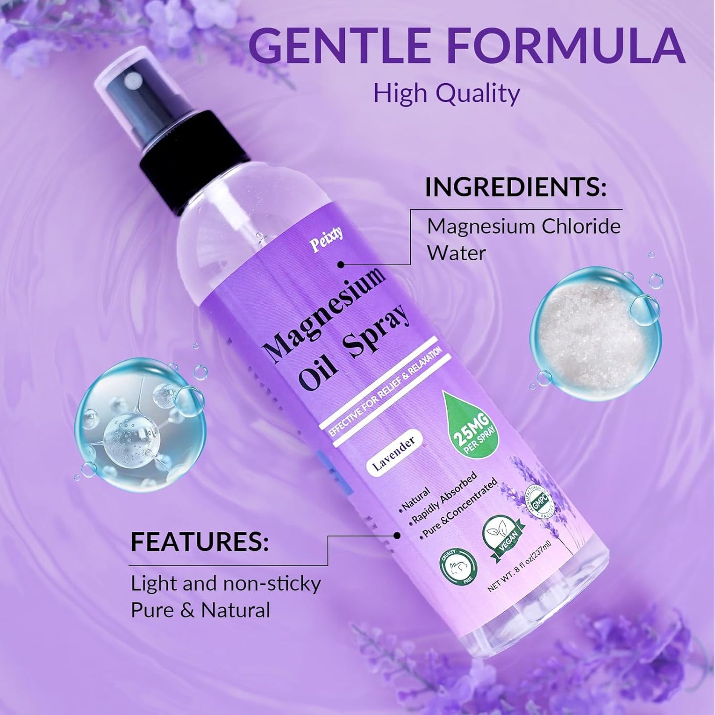 Peixty Lavender Magnesium Oil Spray, 8 fl oz - Less Itchy Topical Foot Magnesium Oil - 100% Pure Magnesium Chloride from Zechstein Seabed