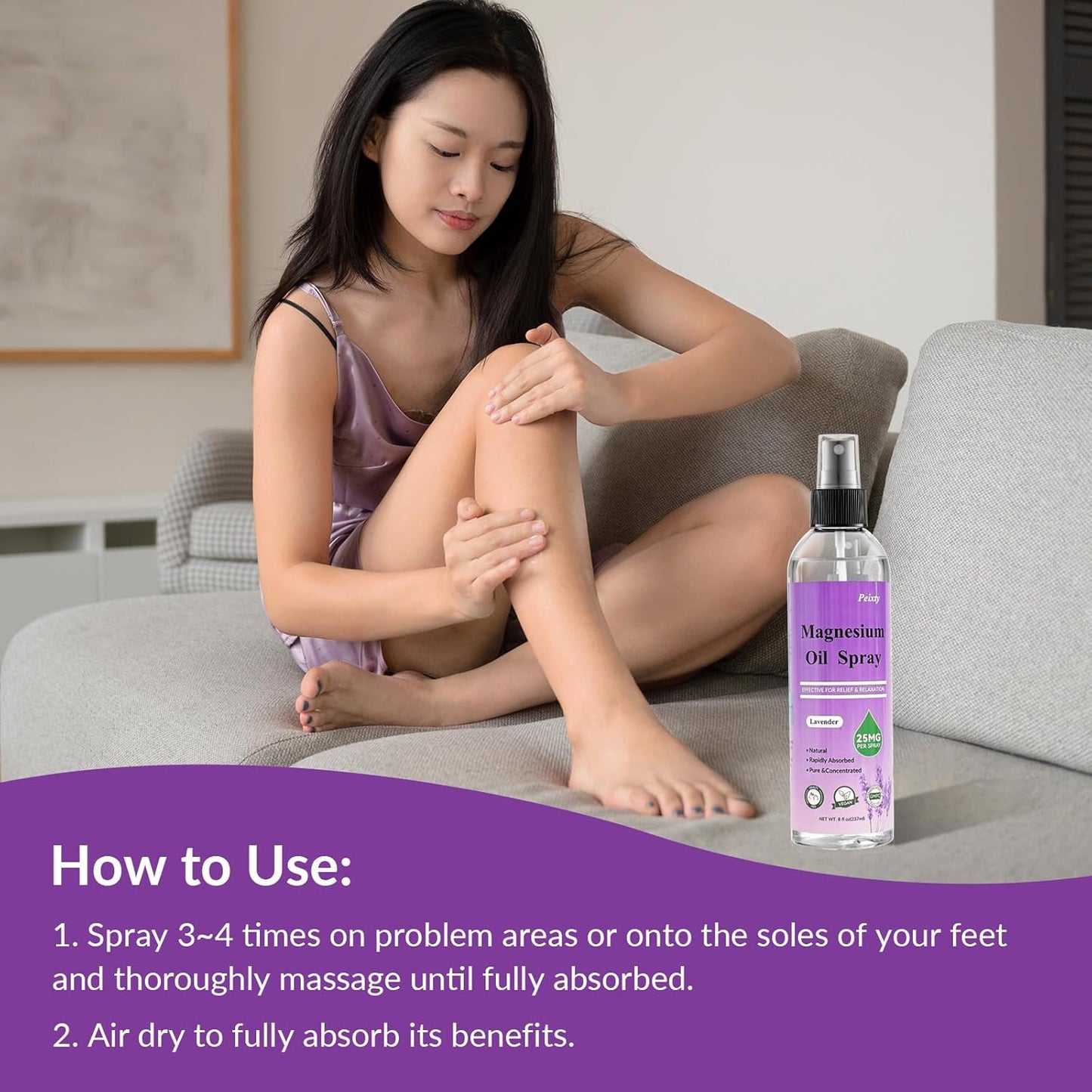 Peixty Lavender Magnesium Oil Spray, 8 fl oz - Less Itchy Topical Foot Magnesium Oil - 100% Pure Magnesium Chloride from Zechstein Seabed