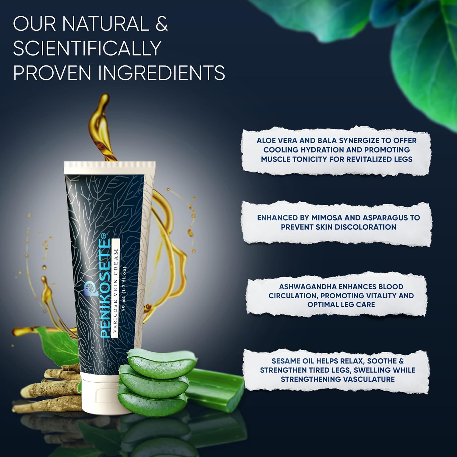 Penikose Varicose Vein Care Bundle - Herbal Tablets & Ashwagandha Leg Cream with Punarnava & Turmeric