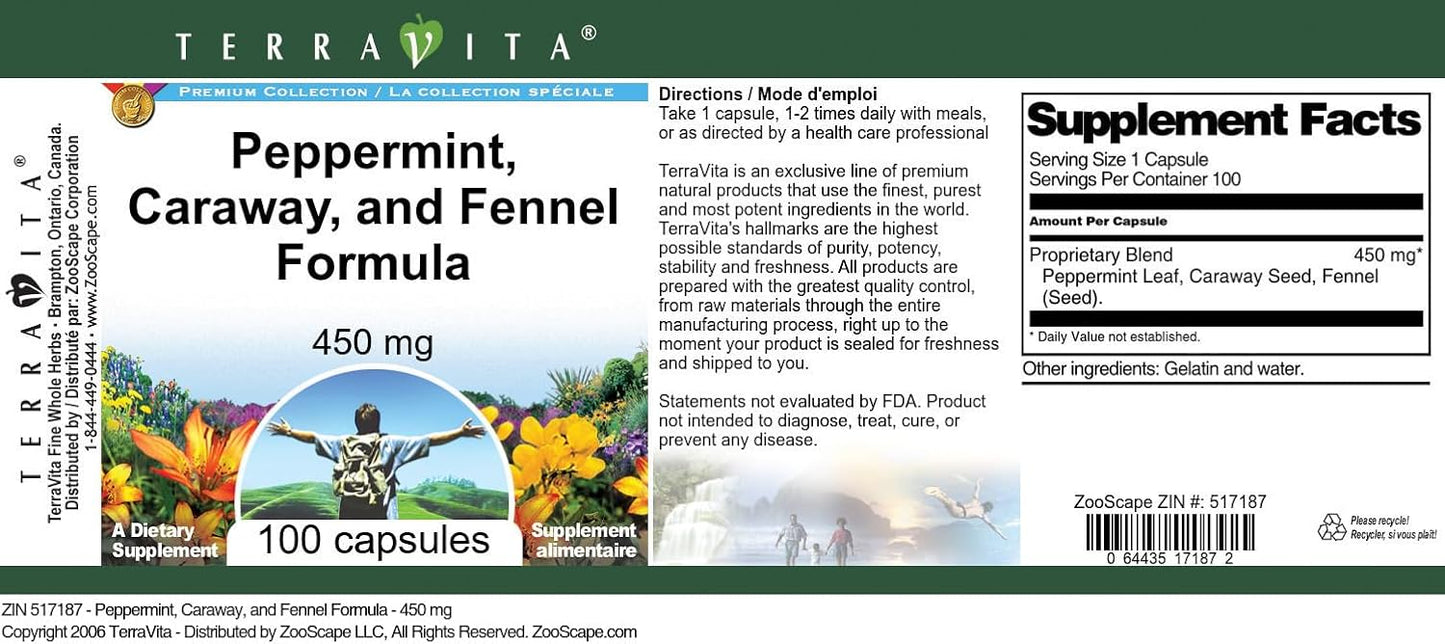 Peppermint, Caraway, and Fennel Formula Capsules - 450mg (100 Count)