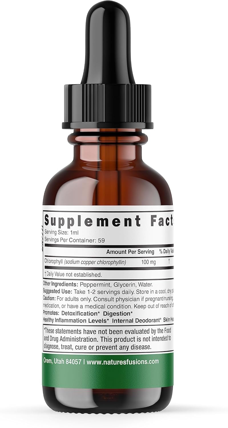 Peppermint Chlorophyll Liquid Drops - Internal Deodorant & Detoxifier - 2 fl oz Bottle - 100mg per Serving - Natural Fusions