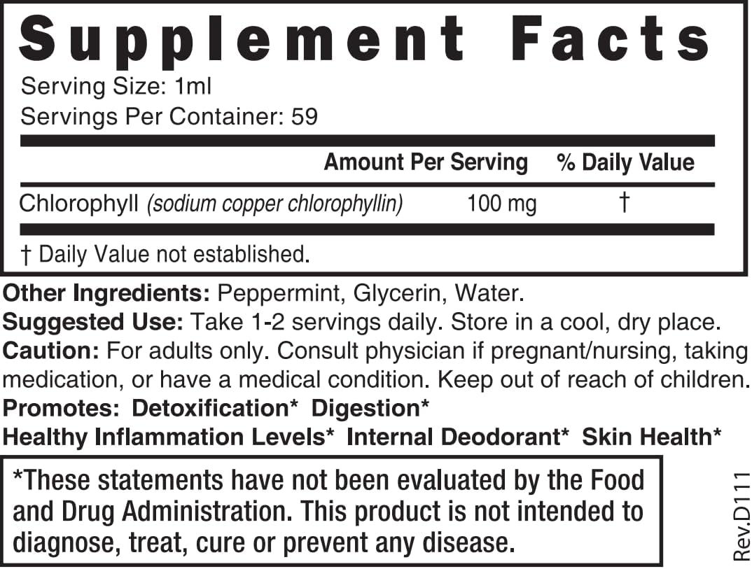 Peppermint Chlorophyll Liquid Drops - Internal Deodorant & Detoxifier - 2 fl oz Bottle - 100mg per Serving - Natural Fusions