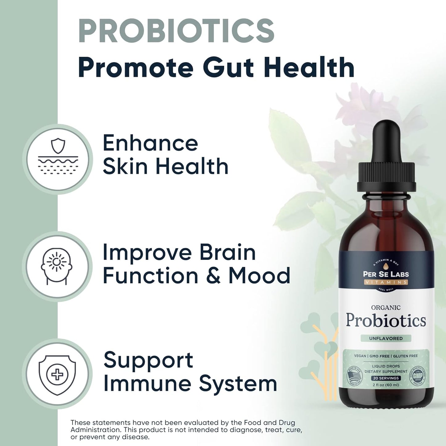 Per Se Labs Liquid Probiotics for Women Men & Kids | Digestive & Gut Health Support | Bifidogenic & Lactobacillus Acidophilus Blend | Alfalfa | Vegan Non-GMO | 2 Fl Oz