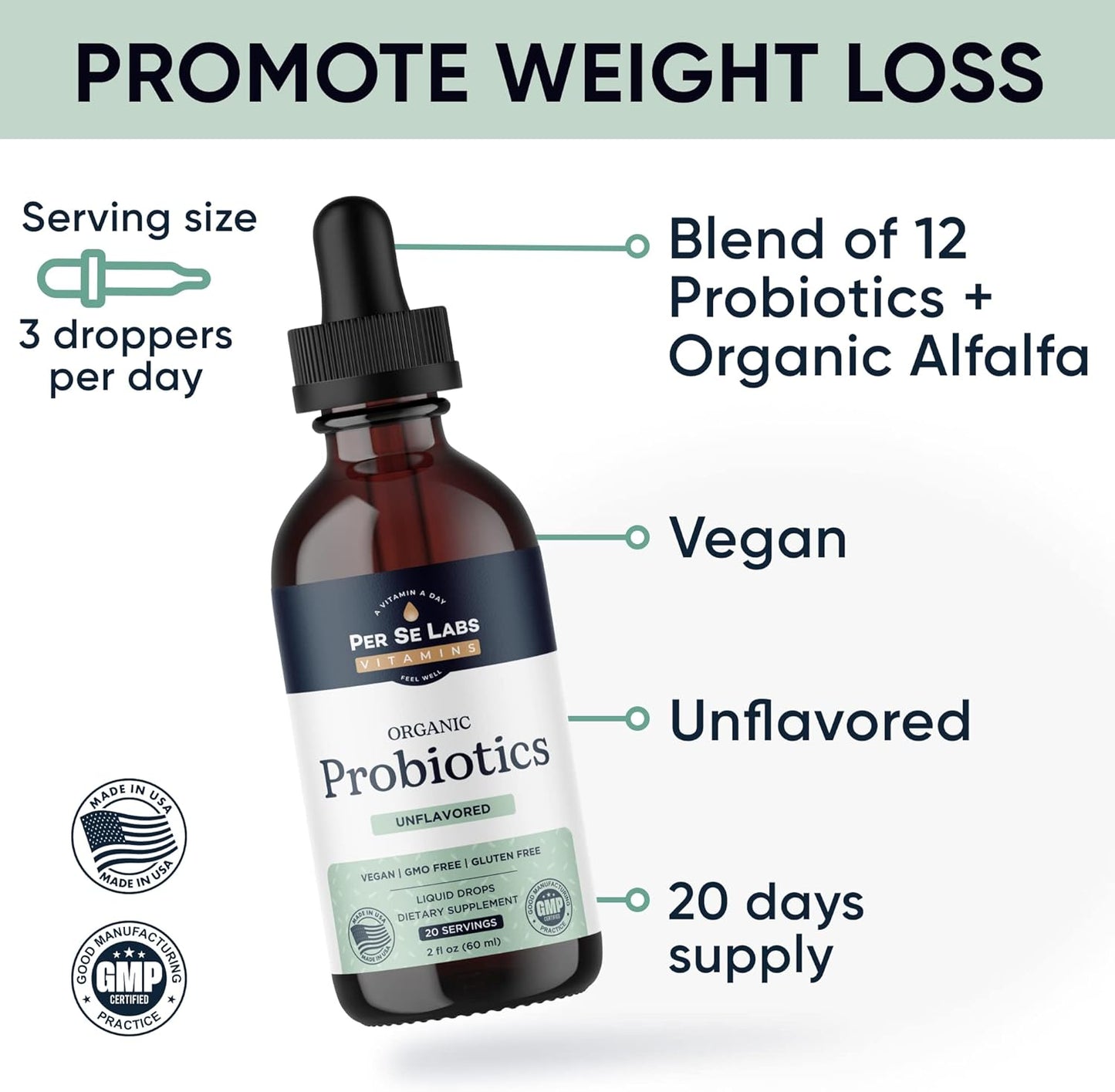 Per Se Labs Liquid Probiotics for Women Men & Kids | Digestive & Gut Health Support | Bifidogenic & Lactobacillus Acidophilus Blend | Alfalfa | Vegan Non-GMO | 2 Fl Oz