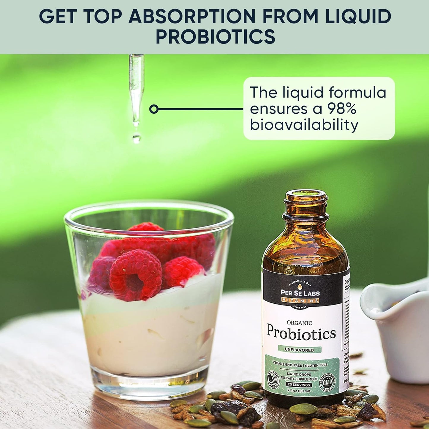Per Se Labs Liquid Probiotics for Women Men & Kids | Digestive & Gut Health Support | Bifidogenic & Lactobacillus Acidophilus Blend | Alfalfa | Vegan Non-GMO | 2 Fl Oz