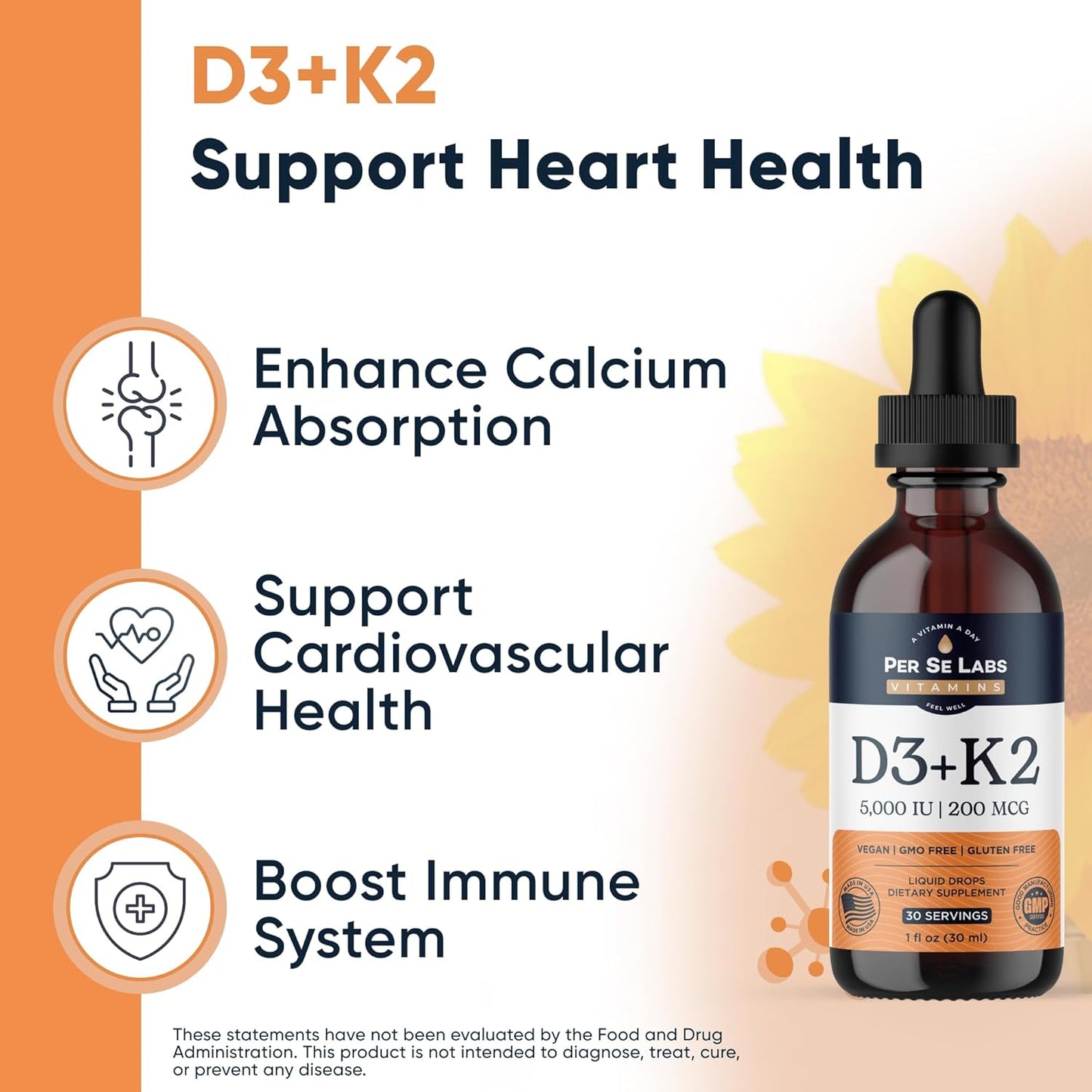 Per Se Labs Vitamin D3 K2 Liquid Drops - 5,000 IU + 200mcg Max Absorption Immune Support - Vegan - Non-GMO - Gluten, Dairy, Soy, Alcohol Free - 1 Oz