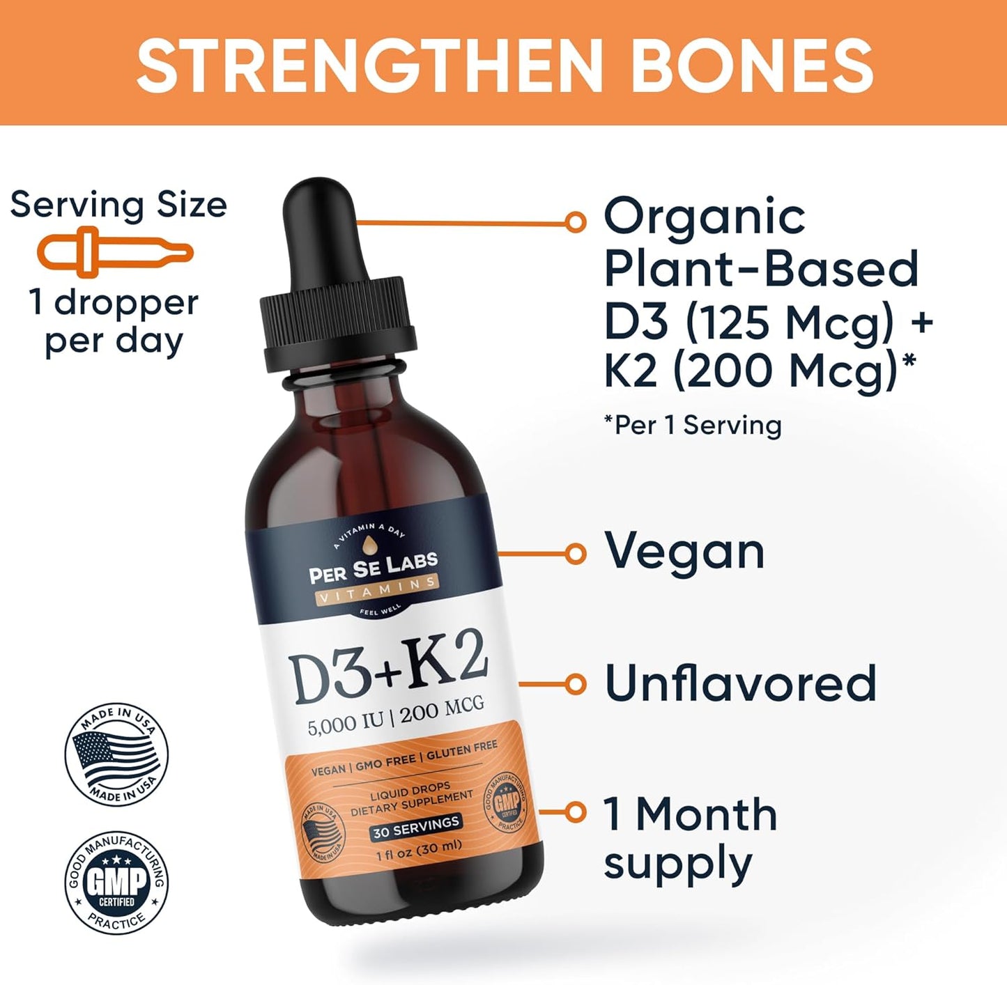 Per Se Labs Vitamin D3 K2 Liquid Drops - 5,000 IU + 200mcg Max Absorption Immune Support - Vegan - Non-GMO - Gluten, Dairy, Soy, Alcohol Free - 1 Oz