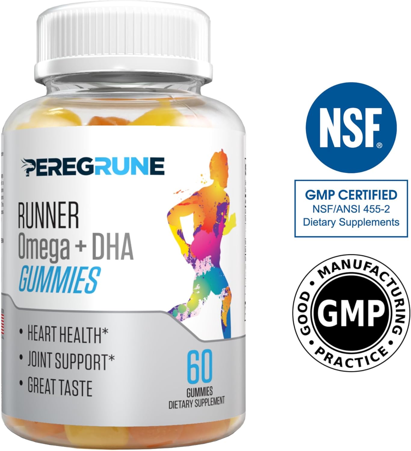 PEREGRUNE Omega 3, 6, and 9 Gummies with DHA for Runners - Daily Heart & Joint Health Supplements - Low Sugar - GMP Certified