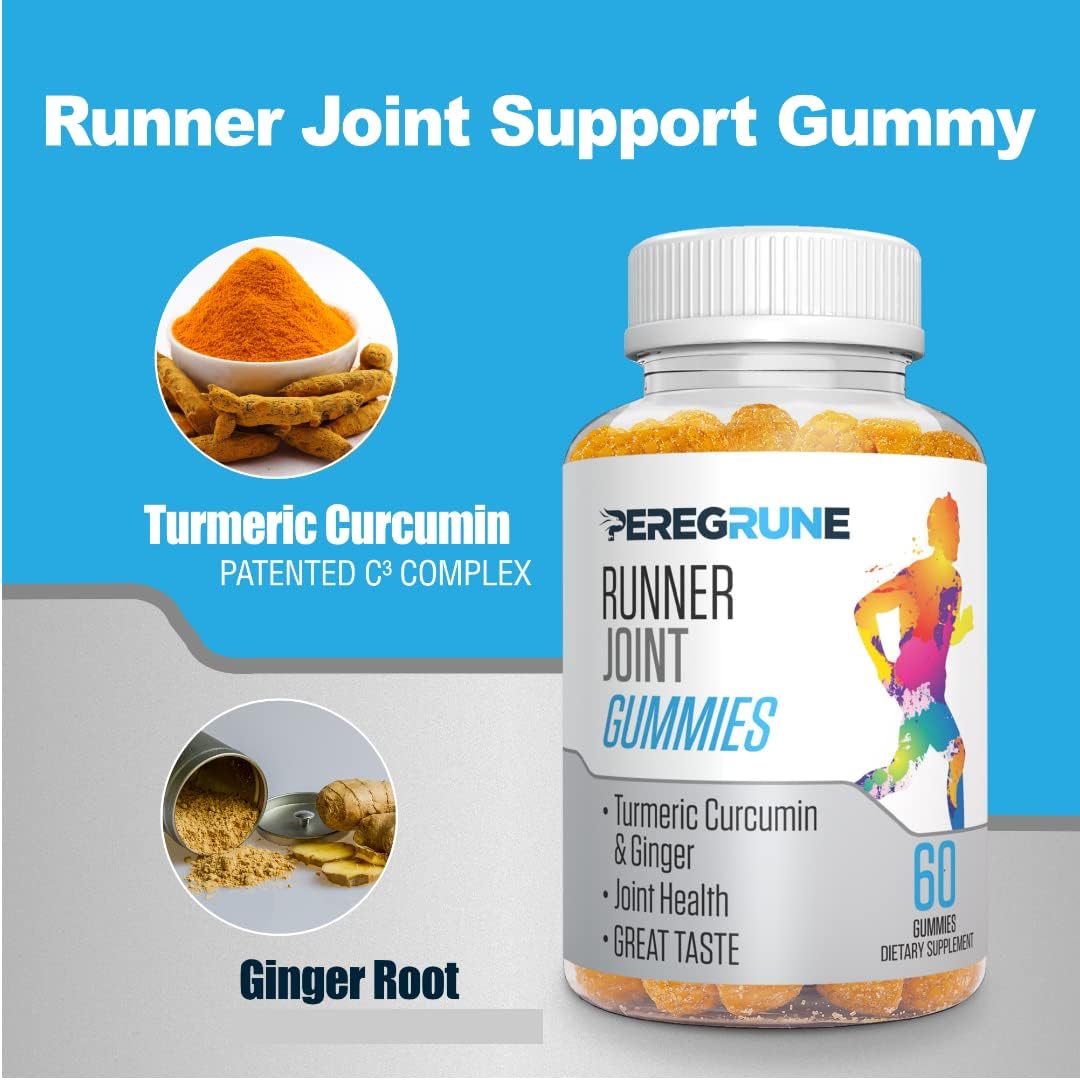PEREGRUNE Running Joint Support Gummies - Promotes Knee & Cartilage Health with Turmeric & Ginger - Low Sugar Formula - GMP Certified - 50% Less Sugar