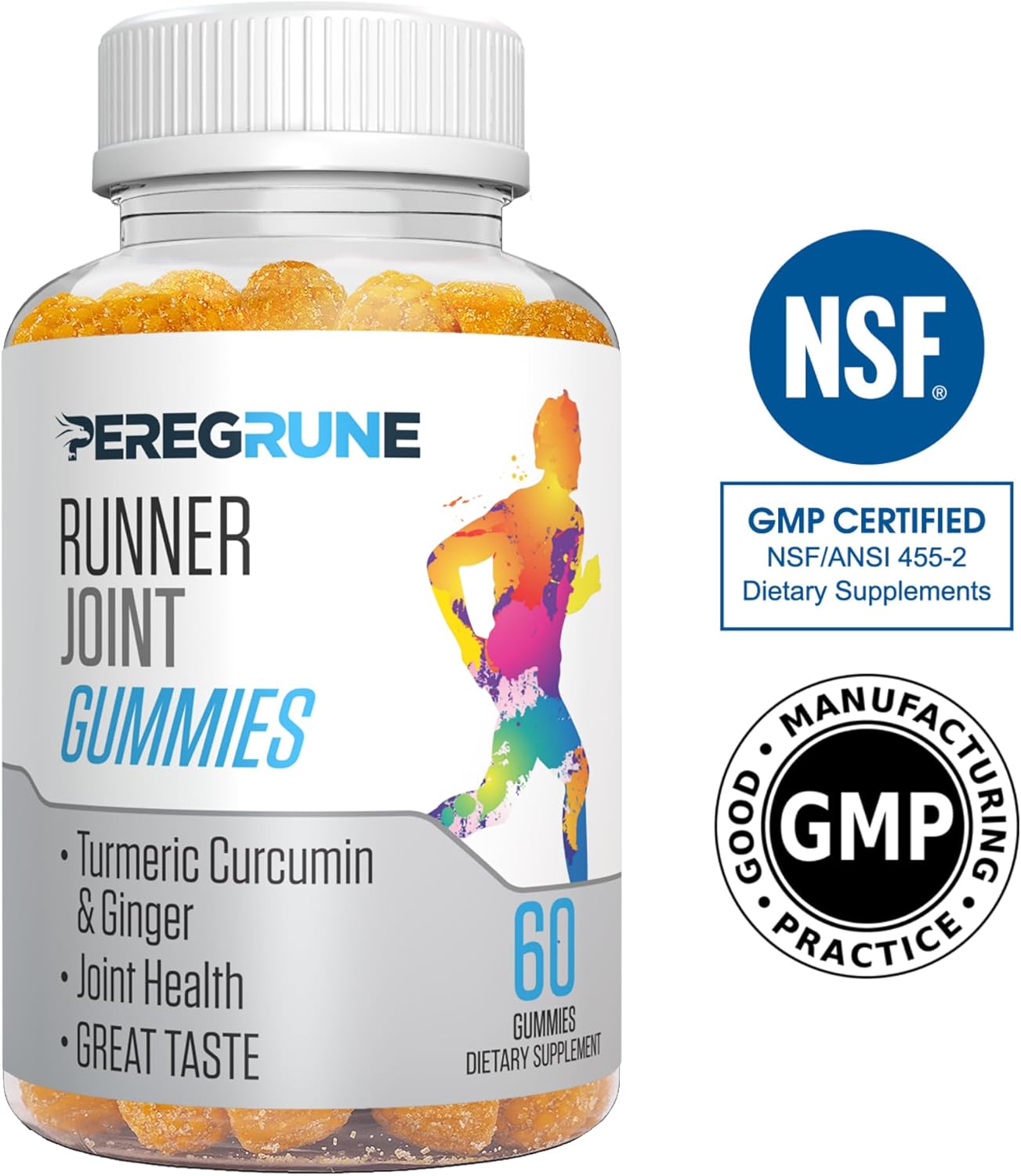 PEREGRUNE Running Joint Support Gummies - Promotes Knee & Cartilage Health with Turmeric & Ginger - Low Sugar Formula - GMP Certified - 50% Less Sugar