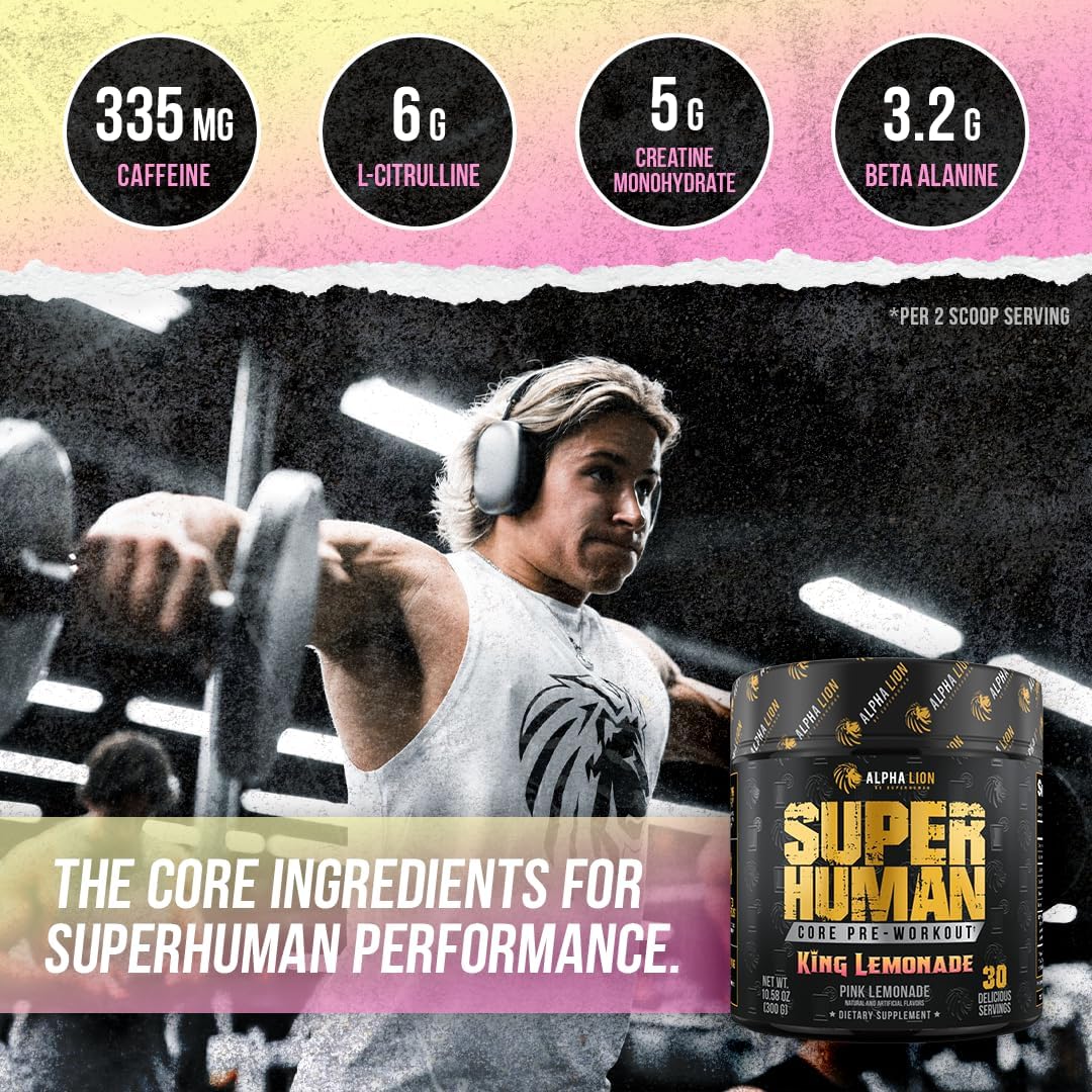 Performance-Boosting Pre Workout Supplement with Creatine, Beta Alanine, L-Citrulline, and Caffeine (30 Servings, King Lemonade)