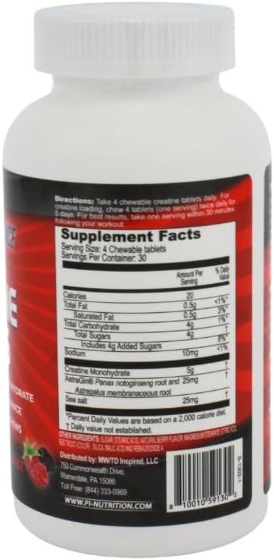 Performance Inspired Nutrition Creatine Chew - 5g Creatine Monohydrate for Muscle Growth & Recovery - Berry Blast Flavor - 120 Chews