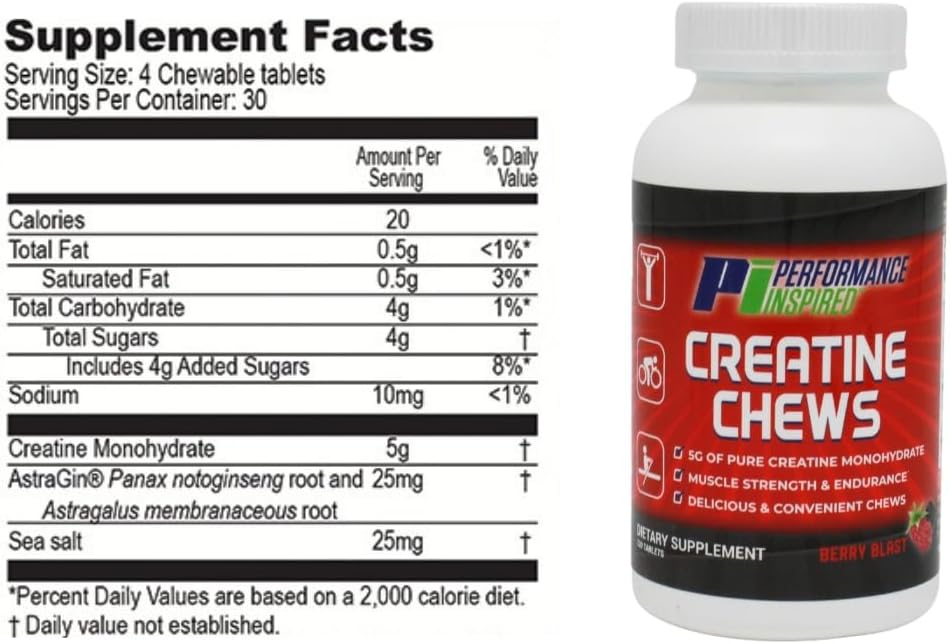 Performance Inspired Nutrition Creatine Chew - 5g Creatine Monohydrate for Muscle Growth & Recovery - Berry Blast Flavor - 120 Chews