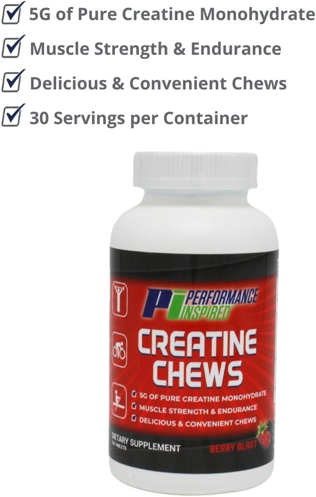 Performance Inspired Nutrition Creatine Chew - 5g Creatine Monohydrate for Muscle Growth & Recovery - Berry Blast Flavor - 120 Chews